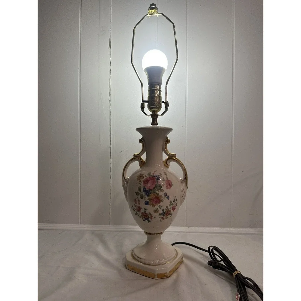 Antique Hand-Painted Porcelain Table Lamp –Floral England Urn Style, Gold Accent